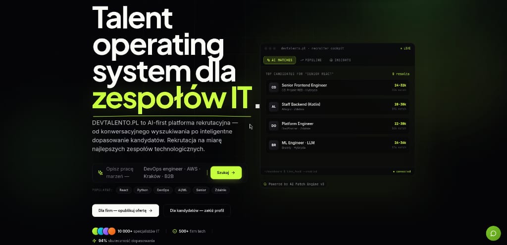 Zrzut ekranu portalu DevTalento.pl — recruiter cockpit z mapą umiejętności GitHub i wynikiem dopasowania AI