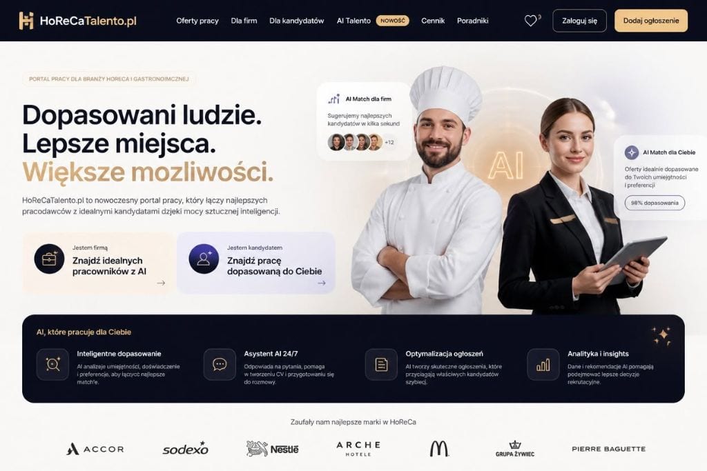 Zrzut ekranu portalu HoReCaTalento.pl — oferty pracy w gastronomii i hotelarstwie z asystentem AI Concierge