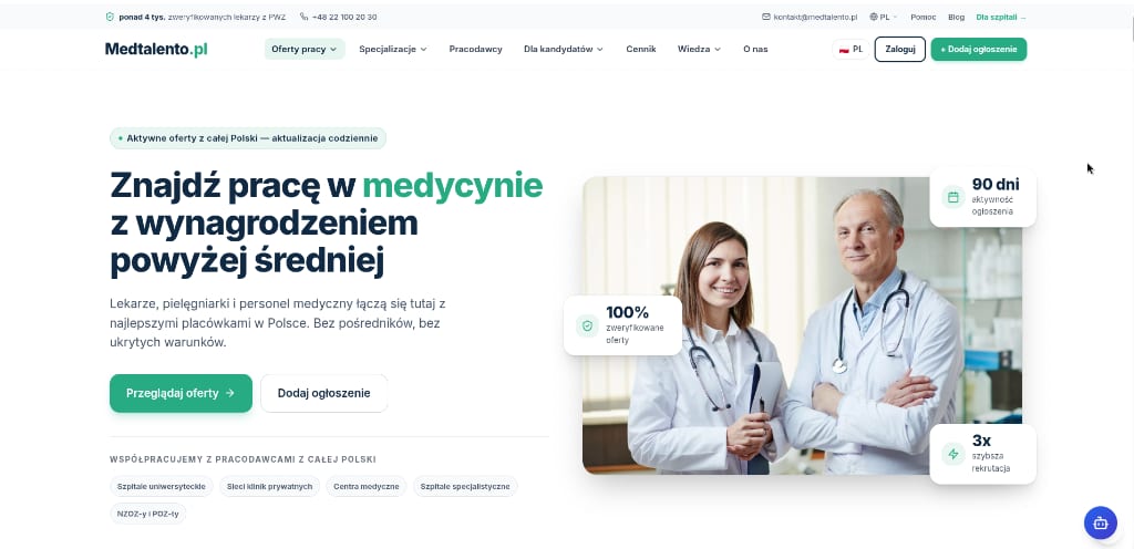 Zrzut ekranu portalu MedTalento.pl — panel rekrutera z dopasowaniami AI i pipeline kandydatów medycznych