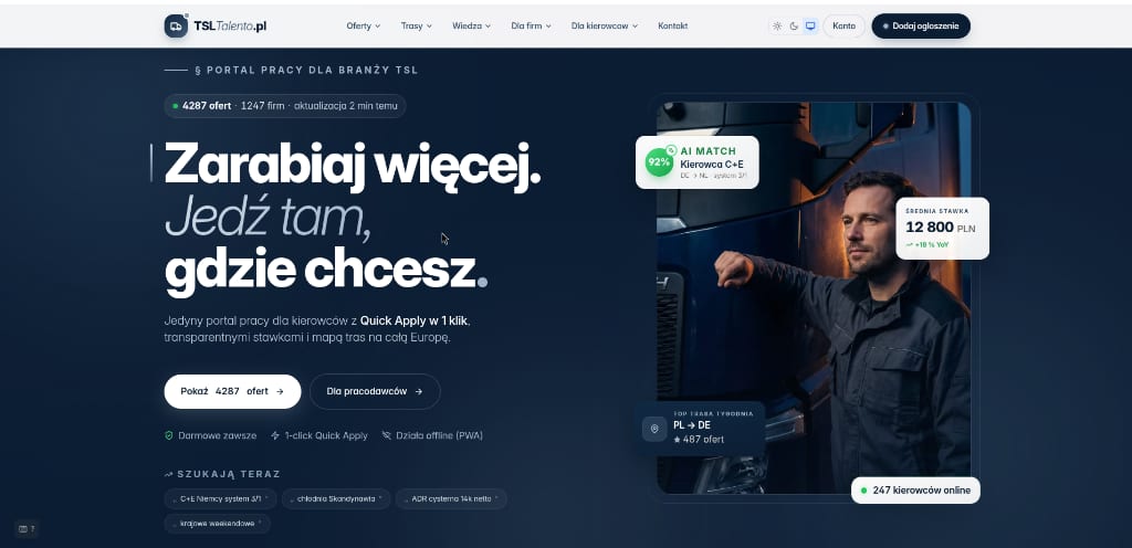 Zrzut ekranu portalu TSLTalento.pl — mobilny widok ofert pracy dla kierowców z dopasowaniem geolokalizacyjnym